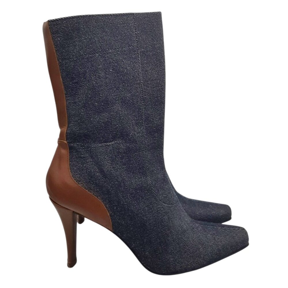 Donald J. Pliner Y2K Style Denim & Brown Leather High Heel Ankle Boots SZ 8.5